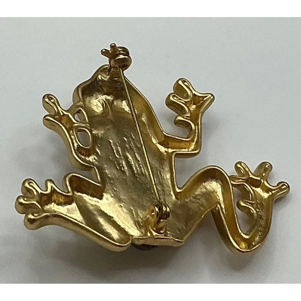 Gold Tone Figural Frog Brooch Pin Brown Lucite Accent Vintage Animal figural pin